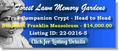 True Companion Crypt for Sale $14K! Forest Lawn Memory Gardens Greenwood, IN Ben Franklin The Cemetery Exchange