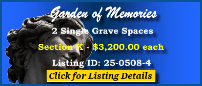 2 Single Grave Spaces $3200ea! Garden of Memories Metairie, LA Section K #cemeteryexchange 25-0508-4