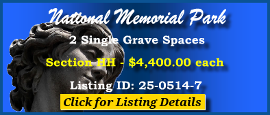 2 Single Grave Spaces $4400ea! National Memorial Park Falls Church, VA Section HH #cemeteryexchange 25-0514-7
