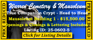 True Companion Crypt $15500! Warren Cemetery & Mausoleum Gurnee, IL Bldg 1 #cemeteryexchange 25-0602-5